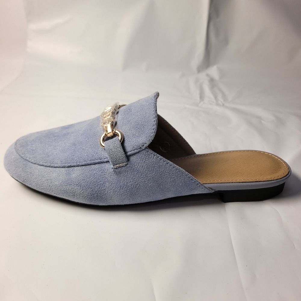 Unbranded Mule Loafers Women Blue Faux Suede Rhinestone Gold Chain Slides EU 37